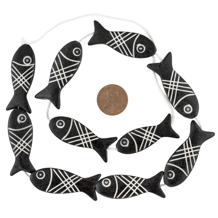 Black Fish-shaped Carved Bone Beads (42x15mm)