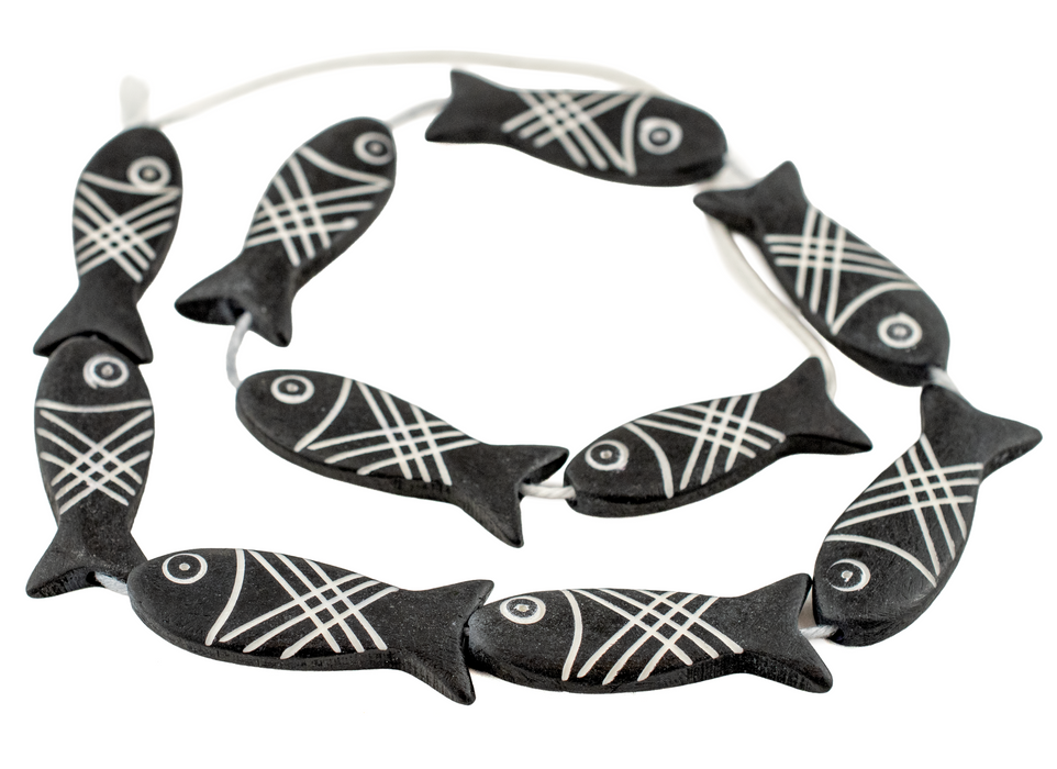 Black Fish-shaped Carved Bone Beads (42x15mm)