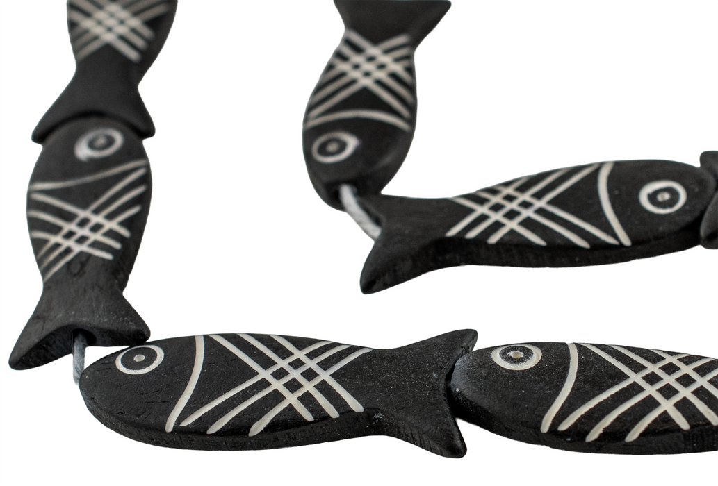 Black Fish-shaped Carved Bone Beads (42x15mm)