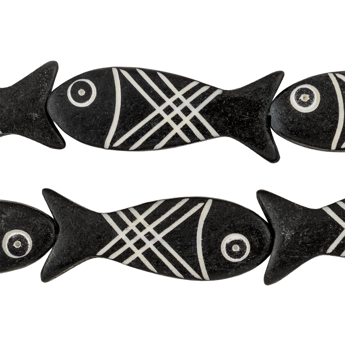 Black Fish-shaped Carved Bone Beads (42x15mm)
