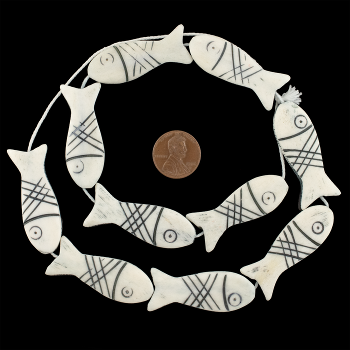White Fish-shaped Carved Bone Beads (42x15mm)