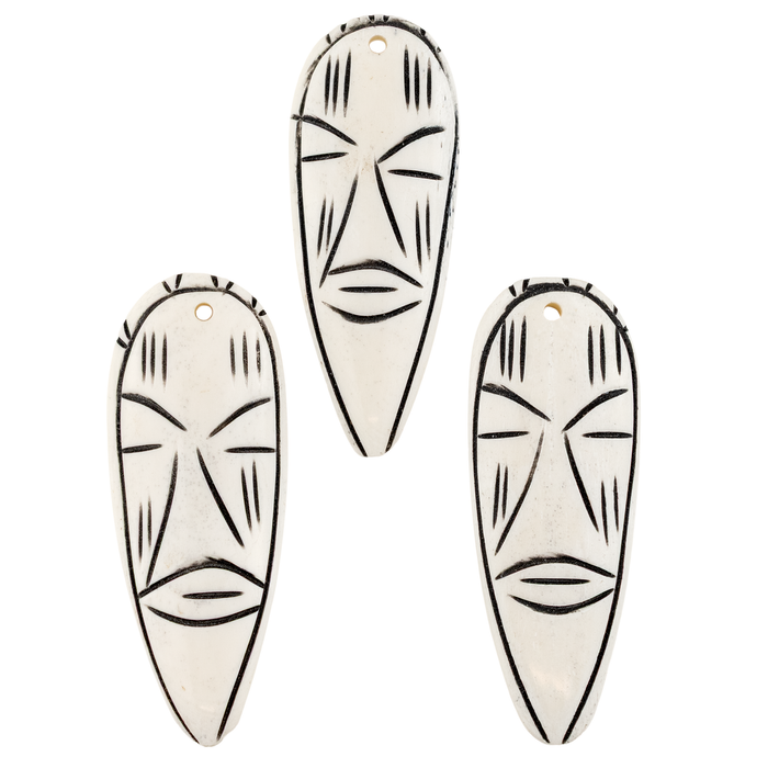 Narrow Carved White Kenya Bone Face Pendant (65mm)