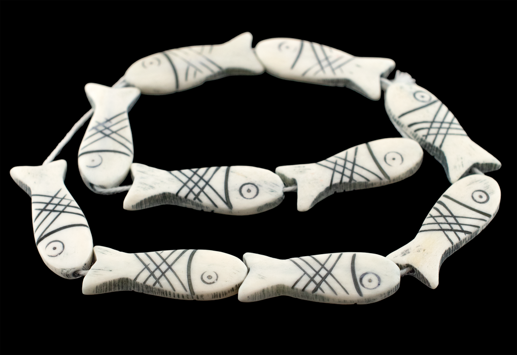 White Fish-shaped Carved Bone Beads (42x15mm)