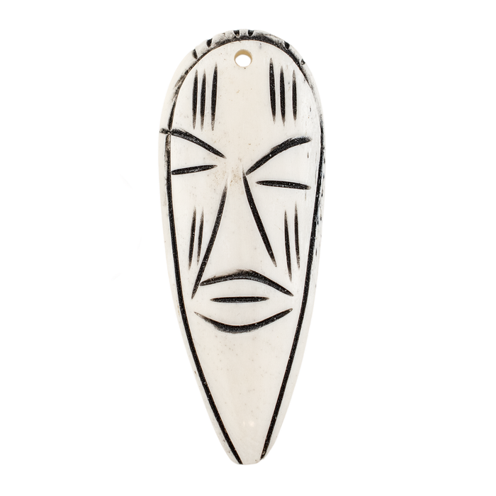 Narrow Carved White Kenya Bone Face Pendant (65mm)