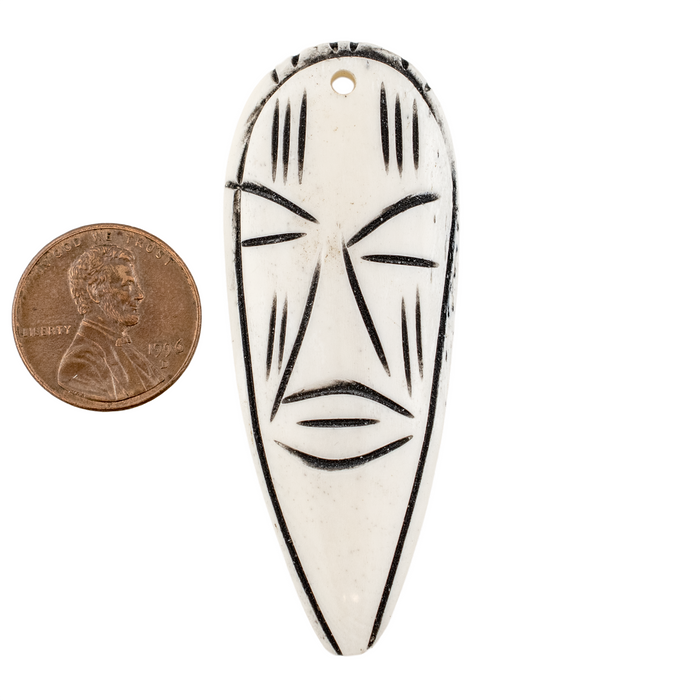 Narrow Carved White Kenya Bone Face Pendant (65mm)