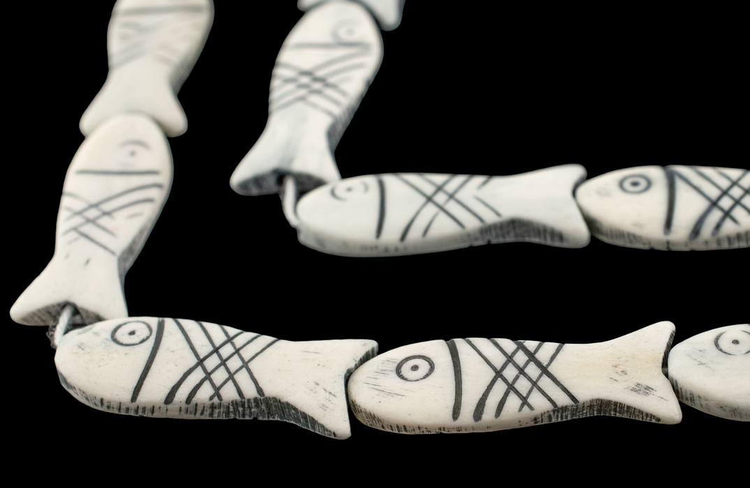 White Fish-shaped Carved Bone Beads (42x15mm)