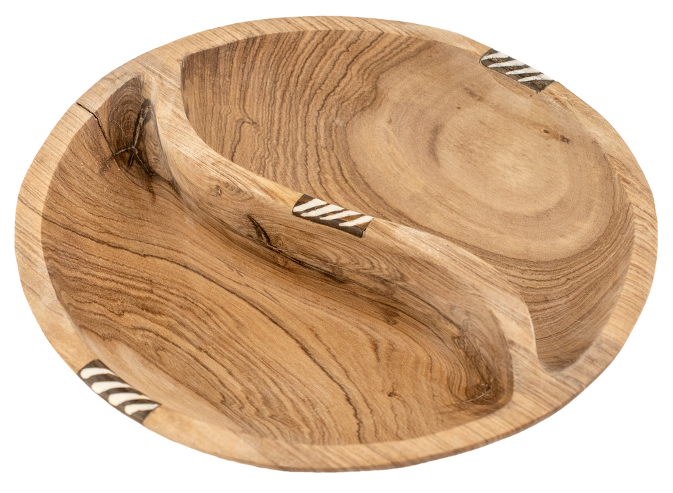 Two-Compartment Batik Bone Inlaid Wooden Bowl (Medium, 8 Inches)