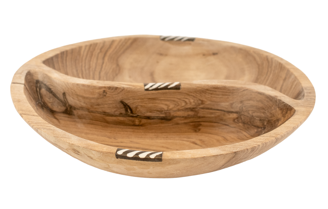 Two-Compartment Batik Bone Inlaid Wooden Bowl (Medium, 8 Inches)