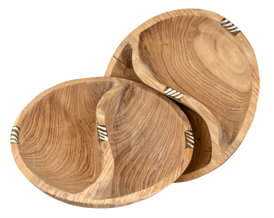 Two-Compartment Batik Bone Inlaid Wooden Bowl (Medium, 8 Inches)