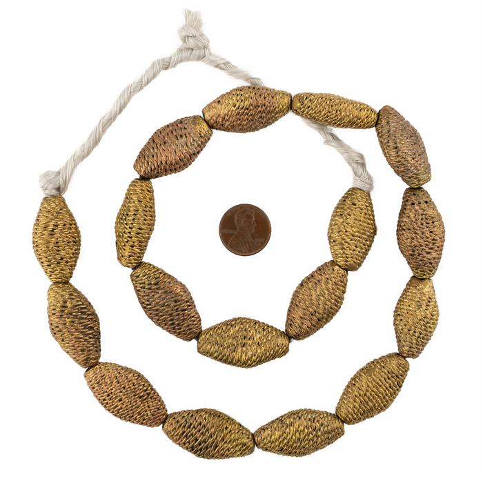 Woven Flat Bicone Ghana Brass Filigree Beads (29x18mm)