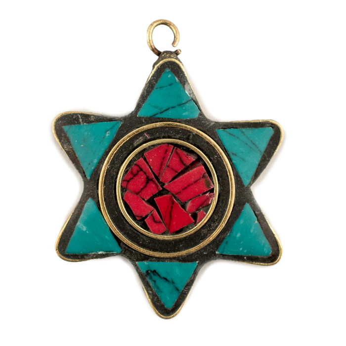 Teal & Coral Nepal Star of David Pendant