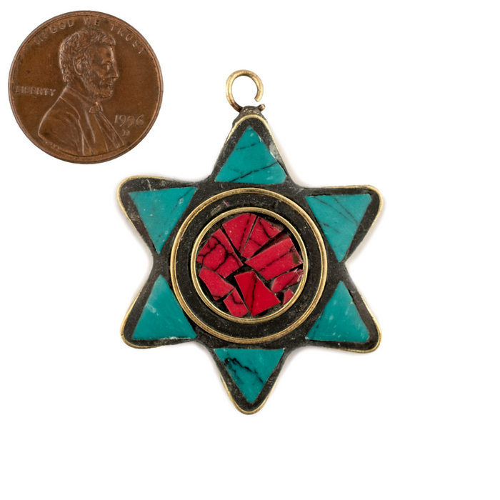 Teal & Coral Nepal Star of David Pendant
