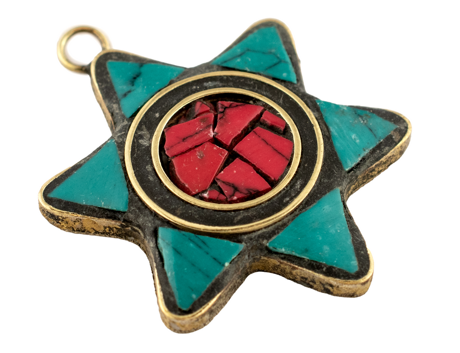 Teal & Coral Nepal Star of David Pendant