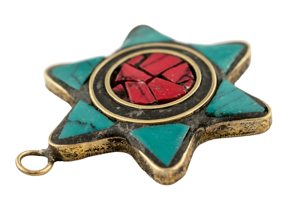 Teal & Coral Nepal Star of David Pendant