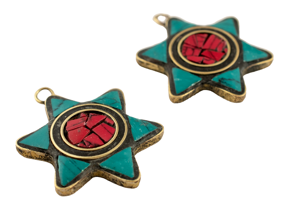 Teal & Coral Nepal Star of David Pendant