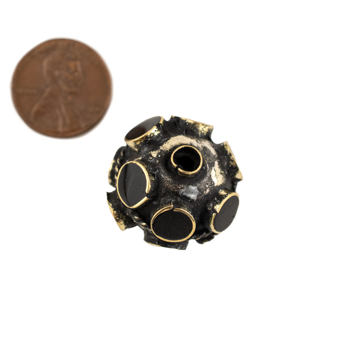 Onyx-Inlaid Studded Afghan Tribal Silver Bead (25mm)