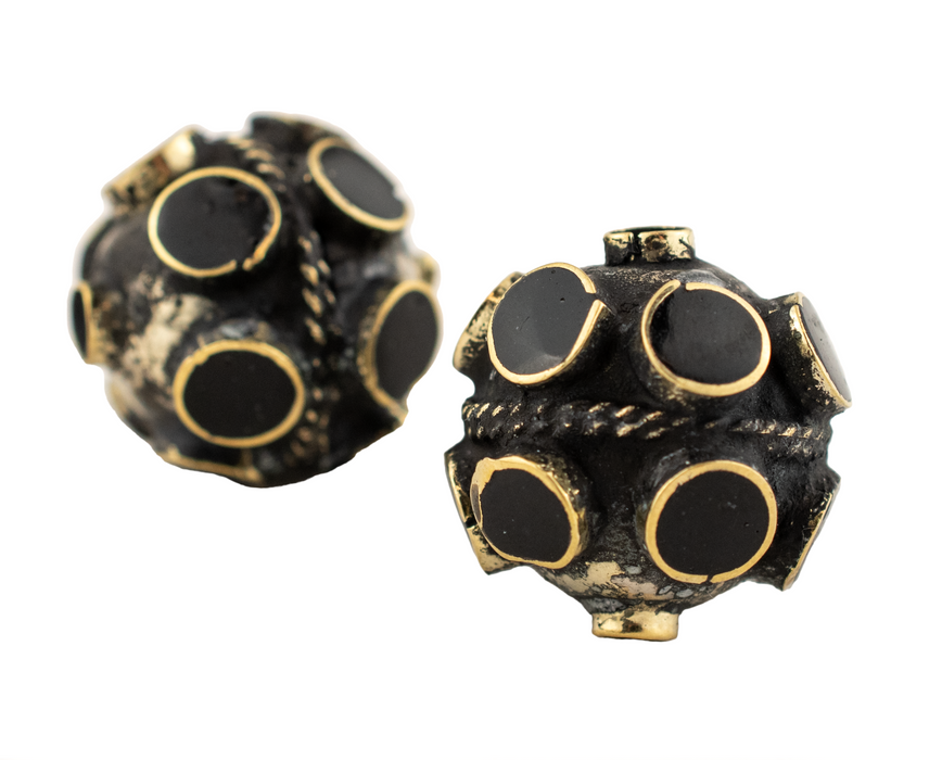 Onyx-Inlaid Studded Afghan Tribal Silver Bead (25mm)