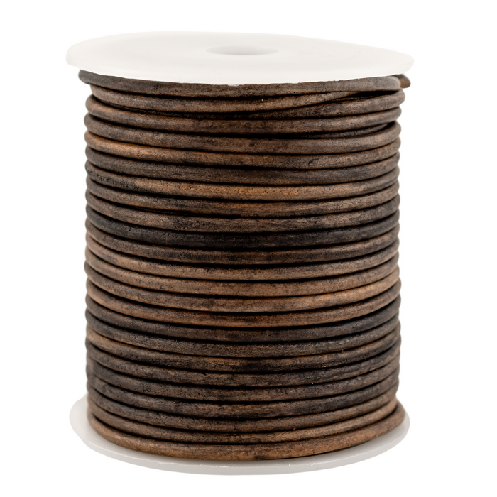 3.0mm Distressed Black-Brown Round Leather Cord (75ft)