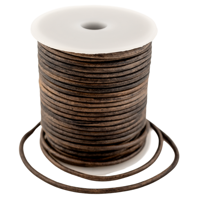 3.0mm Distressed Black-Brown Round Leather Cord (75ft)