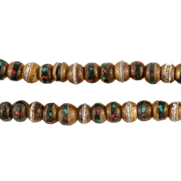 Dark Rustic Inlaid Yak Bone Mala Beads (6mm)