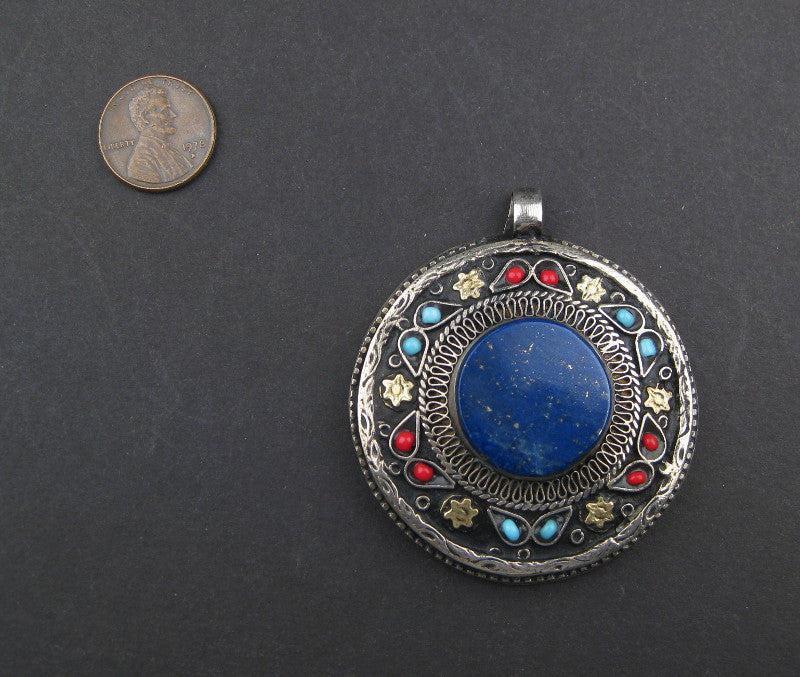 Premium Lapis Inlaid Afghan Silver Pendant (Round)