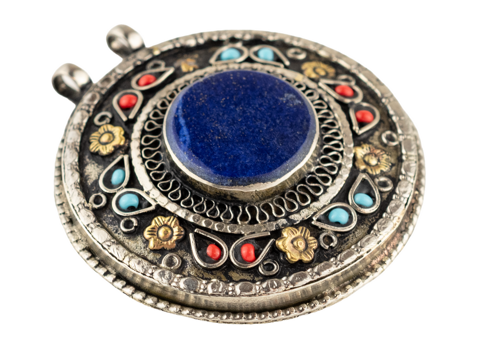 Premium Lapis Inlaid Afghan Silver Pendant (Round)
