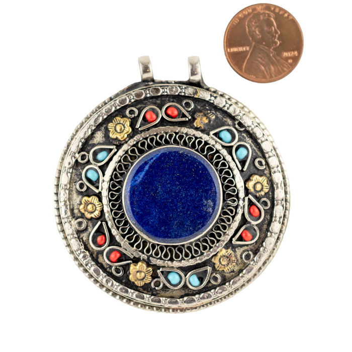 Premium Lapis Inlaid Afghan Silver Pendant (Round)