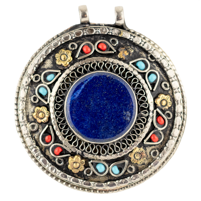 Premium Lapis Inlaid Afghan Silver Pendant (Round)