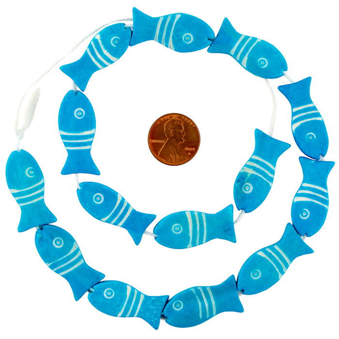 Azul Blue Fish-shaped Carved Bone Beads (28x12mm)