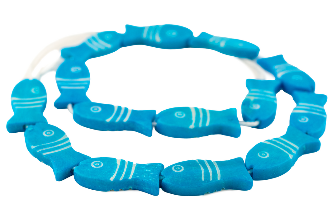 Azul Blue Fish-shaped Carved Bone Beads (28x12mm)