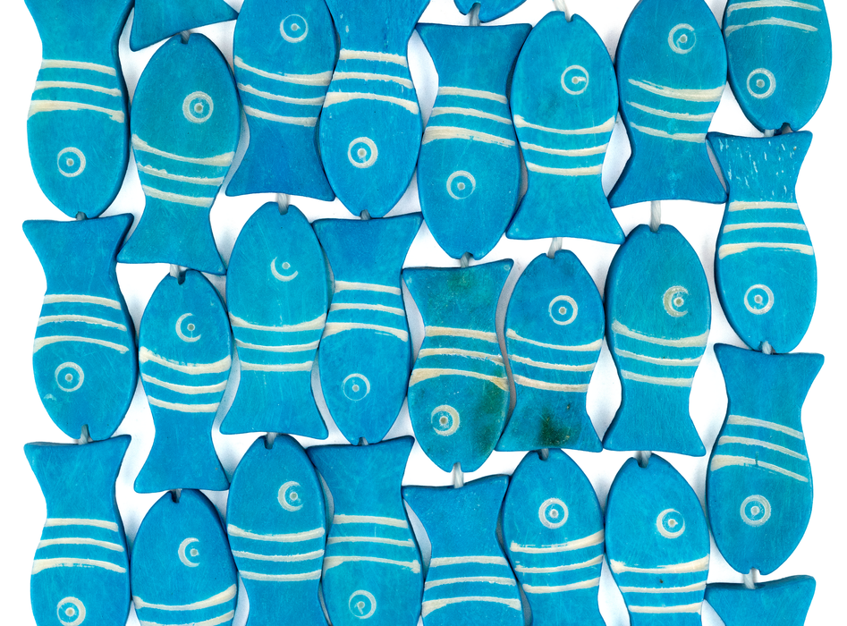 Azul Blue Fish-shaped Carved Bone Beads (28x12mm)