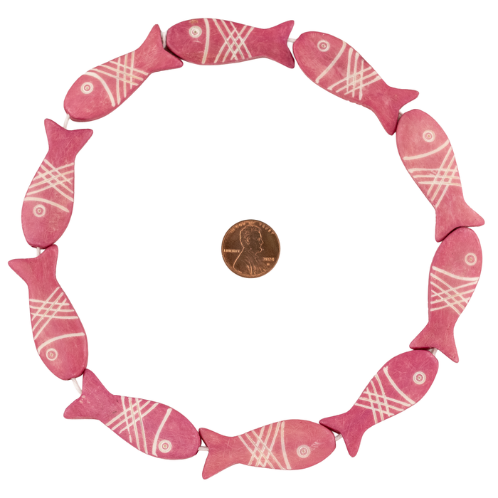 Rose Pink Fish-shaped Carved Bone Beads (42x15mm)