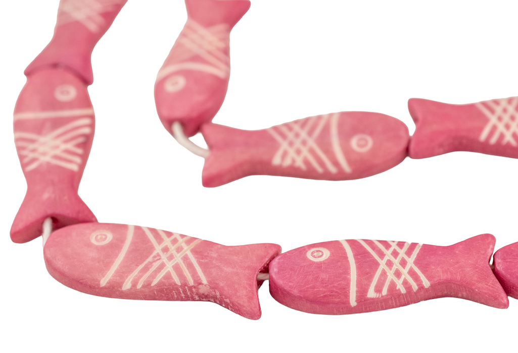 Rose Pink Fish-shaped Carved Bone Beads (42x15mm)