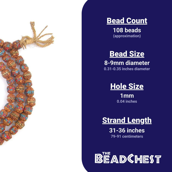 Inlaid Rudraksha Mala Prayer Beads (8mm)