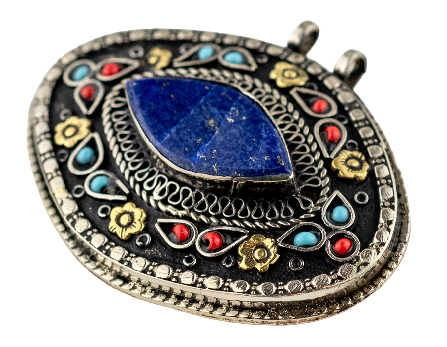 Premium Lapis Inlaid Afghan Silver Pendant (Eye Shape)