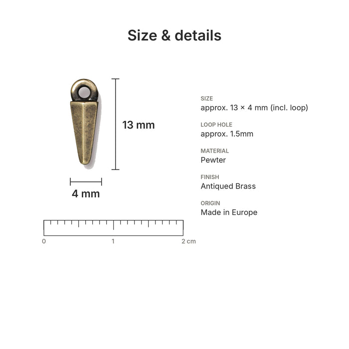 Antiqued brass small spike charm size and details: 13 x 4 mm pewter, 1.5mm loop hole, made in Europe
