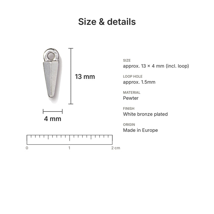 White bronze small spike charm size and details: 13 x 4 mm pewter, 1.5mm loop hole, made in Europe