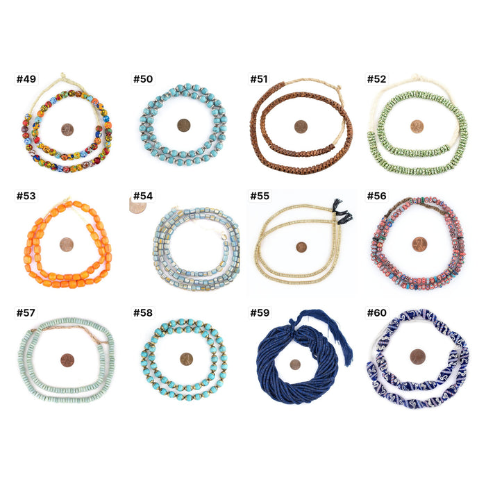 The real strands numbered 49-60, each photographed with a penny for scale: Studio Collection bead sets