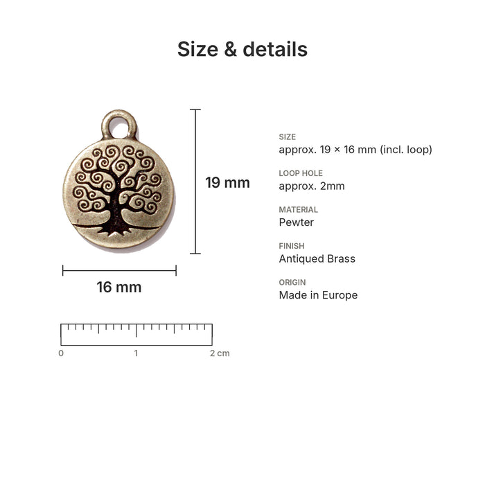 Antiqued brass tree of life charm size and details: 19 x 16 mm pewter, 2mm loop hole, made in Europe