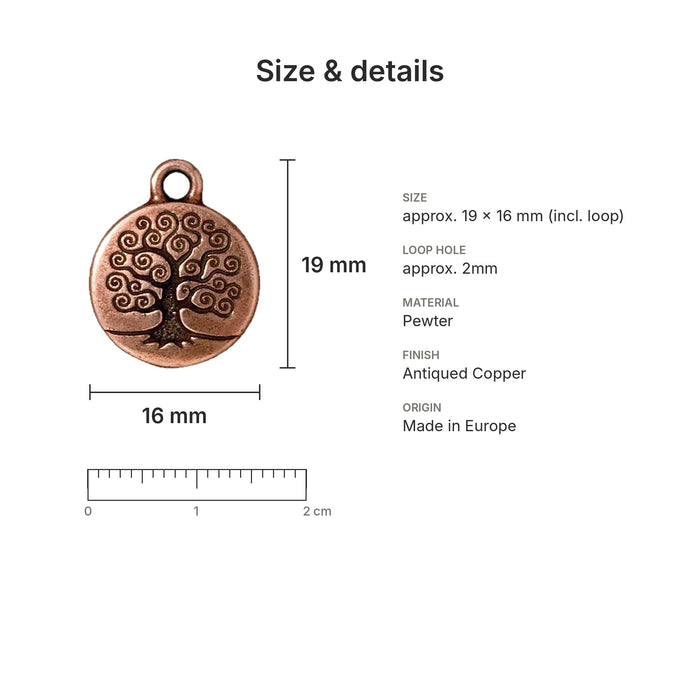 Antiqued copper tree of life charm size and details: 19 x 16 mm pewter, 2mm loop hole, made in Europe
