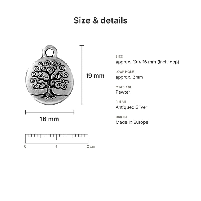 Antiqued silver tree of life charm size and details: 19 x 16 mm pewter, 2mm loop hole, made in Europe
