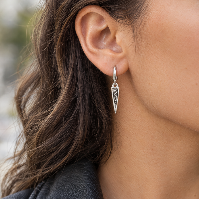 Antiqued silver woven spike charm on a hoop earring, design idea