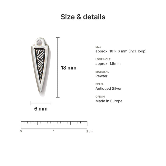 Antiqued silver woven spike charm size and details: 18 x 6 mm pewter, 1.5mm loop hole, made in Europe