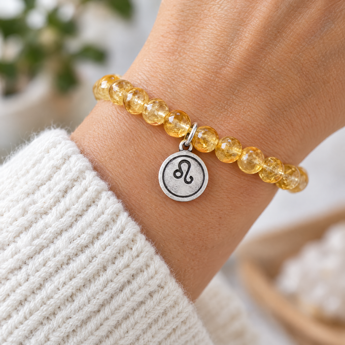 Antiqued silver Leo zodiac charm on a citrine bead bracelet, design idea