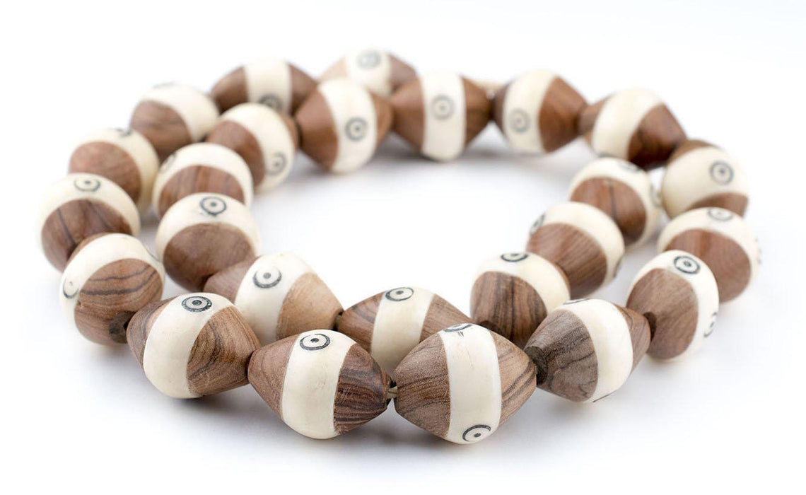 Inlaid Wood and Carved Bone Tanzanian Bicone Beads (30x24mm) - The Bead Chest