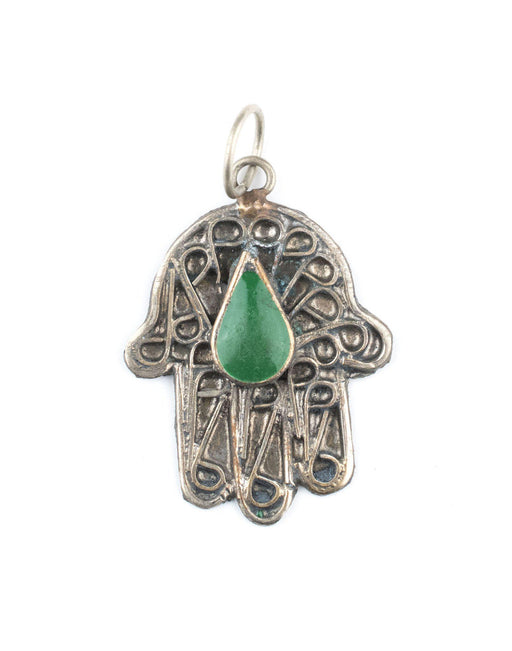 Green Inlay Silver Moroccan Hamsa Pendant - The Bead Chest