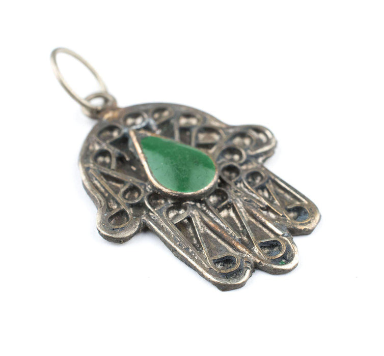 Green Inlay Silver Moroccan Hamsa Pendant - The Bead Chest
