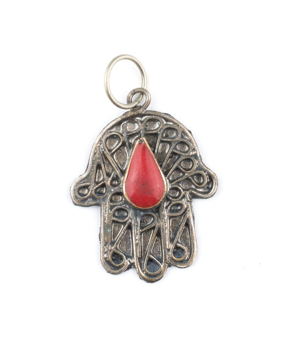 Red Inlay Silver Moroccan Hamsa Pendant - The Bead Chest