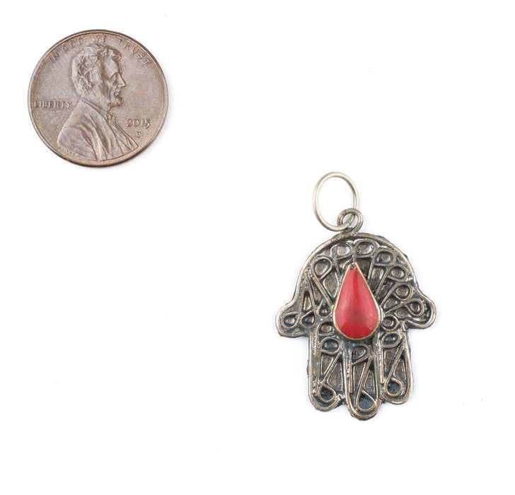 Red Inlay Silver Moroccan Hamsa Pendant - The Bead Chest