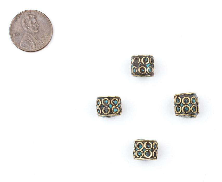 Inlaid Nepali Cylindrical Brass Beads (10mm, Set of 4) - The Bead Chest